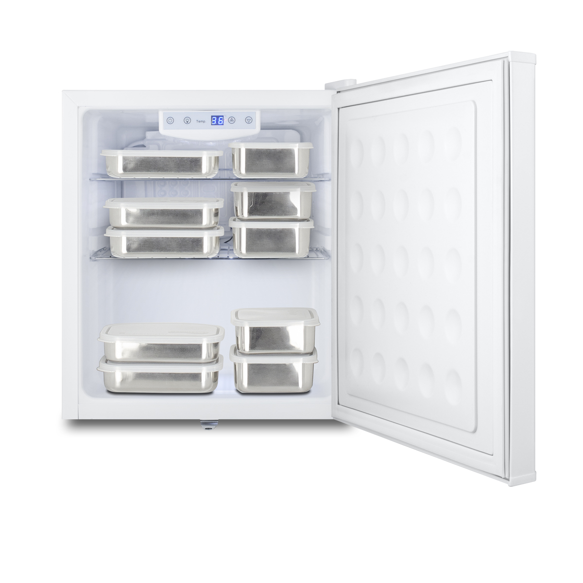 Commercially approved compact all-refrigerator in white, designed to serve as an allergy-free storage zone, with digital thermostat, keyed lock, and a set of allergy warning magnets